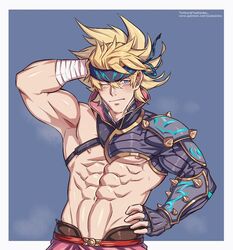  1boy abs armpits averting_eyes bad_id bad_patreon_id bara biceps blonde_hair blush cowboy_shot fate/grand_order fate_(series) fingerless_gloves gloves hand_in_own_hair headband igote male_focus mature_male muscular muscular_male navel nipples official_alternate_costume one_eye_closed pectorals sakata_kintoki_(fate) sakata_kintoki_(heian_warrior_attire)_(fate) short_hair shy single_bare_shoulder solo spiked_hair stomach yaekaidou 