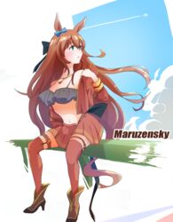  aircraft airplane animal_ears black_bow blue_bow blush bow bra breasts brown_hair character_name chokueji cleavage cloud contrail ear_bow english_commentary female green_eyes hair_between_eyes high_heels highres horse_ears horse_girl horse_tail jewelry large_breasts long_hair long_sleeves maruzensky_(blasting_off_summer_night)_(umamusume) maruzensky_(umamusume) navel on_railing open_mouth pendant railing self_cosplay sitting skirt solo tail thighhighs umamusume underwear undressing 