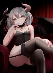  alternate_hair_color bad_id bad_twitter_id chair collar commentary_request crossed_legs curtains demon_horns demon_wings eyes_visible_through_hair female finger_to_mouth flat_chest garter_straps grey_hair horns kantai_collection kirigakure_(kirigakure_tantei_jimusho) lock red_curtains ryuujou_(kancolle) sitting smile solo thighhighs twintails wings 