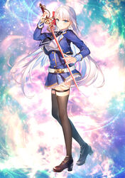  belt belt_buckle black_thighhighs blue_eyes blunt_bangs breasts buckle earrings excalibur_academy_uniform female full_body hair_between_eyes high_heels highres holding holding_sword holding_weapon jewelry large_breasts long_hair long_sleeves looking_at_viewer novel_illustration official_art riselia_ray_crystalia school_uniform seiken_gakuin_no_maken_tsukai skirt smile standing sword thighhighs toosaka_asagi weapon white_hair zettai_ryouiki 