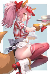  animal_ear_fluff animal_ears animal_hands ass black_panties bow breasts cat_paws fate/grand_order fate_(series) female food fox_ears fox_girl fox_tail from_side gloves hairbow highres ice_cream large_breasts long_hair open_mouth panties paw_gloves pink_hair ponytail puffy_short_sleeves puffy_sleeves red_bow red_thighhighs roller_skates shinsaku_(stan-art) shirt short_sleeves skates solo striped_clothes striped_shirt sundae tail tamamo_(fate) tamamo_cat_(fate) tamamo_cat_(lostroom_outfit)_(fate) thighhighs underwear vertical-striped_clothes vertical-striped_shirt visor_cap yellow_eyes 