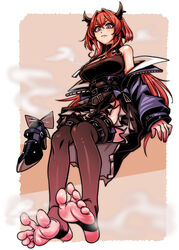  absurdres arknights bare_shoulders black_thighhighs breasts chinese_commentary cleavage colored_shoe_interior commission feet female foot_focus foreshortening ga320aaa high_heels highres horns jacket long_hair nail_polish off_shoulder pixiv_commission purple_eyes red_hair shoes smell soles solo steam stirrup_legwear surtr_(arknights) thigh_strap thighhighs toeless_legwear toenail_polish toenails toes unworn_shoes 