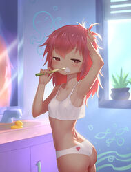  arm_up armpits ass back bathroom blush brushing_teeth butt_crack camisole commentary_request covered_nipples cowboy_shot crop_top day dimples_of_venus faucet female glint hand_on_own_head hand_up indoors kaname_madoka lisong_shen looking_at_viewer mahou_shoujo_madoka_magica mahou_shoujo_madoka_magica_(anime) median_furrow medium_hair messy_hair mirror panties pink_eyes pink_hair plant reflection rubber_duck sink solo spaghetti_strap sunlight toothbrush toothbrush_in_mouth twisted_torso underwear underwear_only vase 