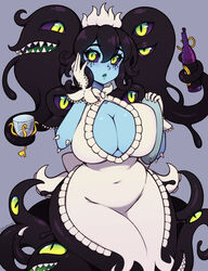  absurdres black_hair black_sclera blue_skin borrowed_character bottle breasts cleavage colored_sclera colored_skin commission covered_navel female gloves green_eyes highres large_breasts long_hair looking_at_viewer monster_girl original parted_lips solo the_scarlet_devil twintails white_gloves wine_bottle 