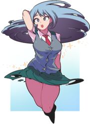  arm_behind_head arm_up black_socks blue_eyes blue_hair boku_no_hero_academia border breasts bright_pupils collared_shirt commentary_request dithering dress_shirt female floating_hair gradient_background green_skirt hadou_nejire highres jaggy_lines kingbawoon kneehighs korean_commentary large_breasts long_hair looking_at_viewer necktie open_mouth red_necktie school_uniform shadow shirt short_sleeves simple_background skirt socks solo sparkle standing thick_thighs thighs u.a._school_uniform very_long_hair vest waistcoat white_background white_border white_pupils white_shirt wing_collar 