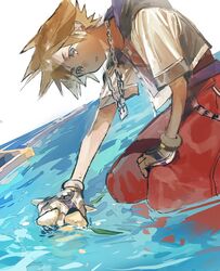  1boy blue_eyes brown_hair cropped_jacket fingerless_gloves food fruit gloves hair_between_eyes highres holding holding_food holding_fruit hood hood_down jewelry keyblade kingdom_hearts male_focus necklace paopu_fruit parted_lips partially_submerged red_shorts short_sleeves shorts solo sora_(kingdom_hearts) spiked_hair talesofmea upper_body 