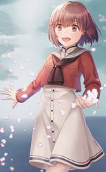  breasts brown_neckerchief brown_sailor_collar cherry_blossoms cloud cloudy_sky commentary dress female grey_neckerchief grey_sailor_collar hair_between_eyes hair_ornament hairclip highres kantai_collection long_sleeves medara medium_hair neckerchief ocean open_mouth petals red_shirt sailor_collar sailor_shirt shirt sky small_breasts solo tan_yang_(kancolle) water white_dress yukikaze_(kancolle) 