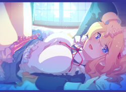  alicia_(kagawa_yuusaku) apron blonde_hair blue_dress blue_eyes breasts commentary_request day dress eyes_visible_through_hair female frilled_apron frills highres indoors kagawa_yuusaku large_breasts letterboxed light_particles long_hair looking_at_viewer lying maid maid_apron maid_headdress neck_ribbon on_back open_mouth original pink_skirt red_ribbon ribbon skirt smile solo white_apron window 