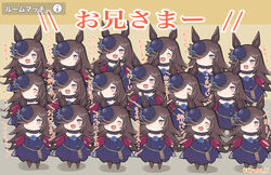  6+girls ^_^ animal_ears blue_flower blue_headwear blue_rose chibi clone closed_eyes commentary_request dagger dress flower hair_over_one_eye hat hat_flower highres horse_ears horse_girl knife kyutai_x multiple_girls off-shoulder_dress off_shoulder paku_paku_desuwa pun purple_eyes rice_shower_(umamusume) rose sheath sheathed swept_bangs tilted_headwear too_many translated umamusume weapon 