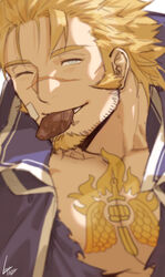  1boy bara blind blonde_hair candy chest_tattoo chocolate chocolate_bar facial_hair food food_in_mouth goatee gomtang incoming_food jacob_(tokyo_houkago_summoners) jewelry large_pectorals leaning_forward male_cleavage male_focus mature_male muscular muscular_male necklace one_eye_closed pov scar scar_on_face scar_on_nose short_hair sideburns solo stubble tattoo tokyo_houkago_summoners torn_clothes torn_robe upper_body 