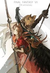  1boy aerith_gainsborough armor black_coat black_gloves black_wings bo_staff bracelet breasts brown_hair choker coat cropped_jacket dress female final_fantasy final_fantasy_vii gloves green_eyes highres holding holding_sword holding_weapon jacket jewelry long_coat long_dress long_hair masamune_(ff7) materia medium_breasts parted_bangs parted_lips pink_dress ponytail red_jacket sephiroth shadow shoulder_armor sidelocks single_wing staff sword talesofmea unbuttoned_dress upper_body wavy_hair weapon white_background white_hair wings 