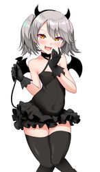  alternate_hair_color bad_id bad_twitter_id black_gloves choker covered_navel demon_girl demon_tail demon_wings dress female flat_chest frilled_dress frills gloves grey_hair hairband highres horns kantai_collection kirigakure_(kirigakure_tantei_jimusho) knees_together_feet_apart naughty_face oerba_yun_fang orange_eyes ryuujou_(kancolle) short_dress skin_fang smile solo tail thighhighs twintails wings zettai_ryouiki 