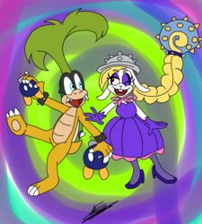  absurd_res anthro aso-designer bob-omb bow_tie broodal buckteeth clothing duo fangs female green_hair hair hariet_(mario) hat headgear headwear hi_res iggy_koopa koopa koopaling lagomorph leporid male male/female mammal mario_bros nintendo rabbit scalie simple_background super_mario_odyssey teeth 