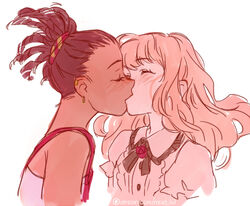  2girls blonde_hair brown_hair carole_&amp;_tuesday carole_stanley closed_eyes dark-skinned_female dark_skin earrings english_commentary interracial jewelry kissing long_hair multiple_girls patreon_username seguchi-sama simple_background tuesday_simmons white_background yuri 