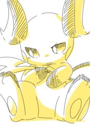  3_toes ambiguous_gender black_eyes chaba cross-hatching featureless_crotch feet feral generation_1_pokemon gloves_(marking) hatching_(art) hi_res holding_tail looking_aside markings monochrome multicolored_body nintendo pawpads pokemon pokemon_(species) pouting_lips pupils raichu shaded simple_background solo tail toes two_tone_body white_background white_pupils yellow_body yellow_cheeks 