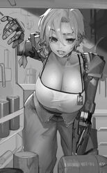  armband breasts cleavage collar collarbone cyberpunk cyborg downblouse eyebrow_piercing facial_tattoo facing_viewer female greyscale highres hiragana_oufu hot huge_breasts lip_piercing lips mechanical_arms monochrome name_tag original piercing prosthesis prosthetic_arm refrigerator refrigerator_interior science_fiction short_hair solo spaghetti_strap sweat tattoo unfinished very_short_hair 