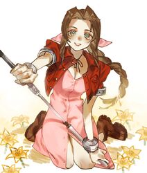  aerith_gainsborough bo_staff boots bracelet braid braided_ponytail breasts choker cleavage commentary cropped_jacket dress female final_fantasy final_fantasy_vii flower full_body green_eyes hair_ribbon highres holding holding_weapon jacket jewelry kneeling long_dress medium_breasts parted_bangs pink_dress red_jacket ribbon sidelocks smile solo staff talesofmea unbuttoned_dress weapon white_background yellow_flower 