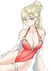  azur_lane blonde_hair blue_eyes breasts casual_one-piece_swimsuit cleavage cosplay detached_sleeves female hair_between_eyes highleg highleg_swimsuit historical_name_connection kantai_collection large_breasts long_hair mole mole_under_eye mole_under_mouth name_connection one-hour_drawing_challenge one-piece_swimsuit pink_one-piece_swimsuit ponytail red_one-piece_swimsuit rekka_yamato richelieu_(azur_lane) richelieu_(azur_lane)_(cosplay) richelieu_(fleuron_of_the_waves)_(azur_lane) richelieu_(kancolle) side-tie_swimsuit simple_background sitting solo swimsuit white_background yokozuwari 