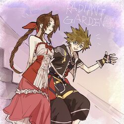  1boy aerith_gainsborough arms_behind_back belt black_shorts braid braided_ponytail breasts brown_hair cropped_jacket dress female final_fantasy final_fantasy_vii fingerless_gloves gloves green_eyes hair_between_eyes hair_ribbon jewelry kingdom_hearts kingdom_hearts_ii medium_breasts multicolored_clothes multicolored_dress necklace open_mouth parted_bangs parted_lips ribbon short_sleeves shorts sidelocks smile sora_(kingdom_hearts) spiked_hair stairs talesofmea teeth upper_body upper_teeth_only wavy_hair 