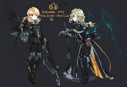  2021 2girls absurdres armor bat_(animal) beam_rifle blonde_hair blue_eyes character_name chloe_croce curly_hair energy_gun energy_wings english_text flat_chest greatwhite1122 grey_background gundam gundam_narrative gundam_side_story:_missing_link halloween highres jack-o&#039;-lantern long_hair looking_at_viewer mecha_musume mechanical_wings multiple_girls pumpkin purple_eyes rita_bernal scythe smile wavy_hair weapon wings 