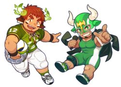  2boys american_football_helmet american_football_uniform animal_ears bara black_hair brown_eyes brown_hair bulge chibi chibi_only covered_abs cow_boy cow_ears cow_horns dark-skinned_male dark_skin eye_black facial_hair fake_animal_ears fiery_horns forked_eyebrows full_body glowing_horns goatee gozu_farm green_shirt helmet horns ikusaba_daisuke male_focus multiple_boys muscular muscular_male pectoral_cleavage pectorals pointing pointing_at_viewer shirt short_hair short_sleeves shorts sidepec singlet spiked_hair sportswear taurus_mask thick_eyebrows tight_clothes tight_shirt tokyo_afterschool_summoners wakan_tanka white_background white_shorts wrestling_mask wrestling_outfit 