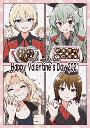  6+girls alisa_(girls_und_panzer) anchovy_(girls_und_panzer) anzio_military_uniform assam_(girls_und_panzer) blonde_hair blush box carpaccio_(girls_und_panzer) chocolate commentary darjeeling_(girls_und_panzer) drill_hair english_text food gift girls_und_panzer green_hair hair_ribbon heart heart-shaped_box highres hone_(honehone083) itsumi_erika jealous kay_(girls_und_panzer) kuromorimine_military_uniform long_hair multiple_girls naomi_(girls_und_panzer) nervous_sweating nishizumi_maho open_mouth orange_pekoe_(girls_und_panzer) pepperoni_(girls_und_panzer) pie red_eyes ribbon st._gloriana&#039;s_military_uniform stargazy_pie sweat tears thumbs_up twin_drills twintails valentine yuri 