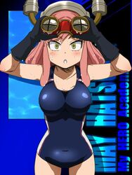  awa boku_no_hero_academia breasts competition_swimsuit copyright_name covered_navel female gloves goggles goggles_on_head hatsume_mei long_hair looking_at_viewer one-piece_swimsuit open_mouth pink_hair solo swimsuit symbol-shaped_pupils wet yellow_eyes 