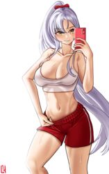  alternate_costume azur_lane bare_shoulders blush breasts cellphone choister cleavage collarbone drake_(azur_lane) feet_out_of_frame female grey_hair highres holding holding_phone long_hair looking_at_viewer medium_breasts navel phone ponytail red_shorts selfie shirt shorts smile solo standing sweat white_background white_shirt yellow_eyes 