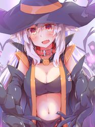  :d black_cape black_headwear blush breasts cape cleavage collar commentary_request elbow_gloves female gloves hair_between_eyes halloween highres long_hair looking_at_viewer medium_breasts navel oerba_yun_fang original outstretched_arms red_collar red_eyes rinrin_(927413) smile solo very_long_hair white_hair 