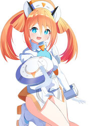  :d absurdres bare_legs blue_eyes blush boots breasts ceta2127 female hair_between_eyes hair_rings hand_up happy hat high_heel_boots high_heels highres leg_up leotard long_hair looking_at_viewer medium_breasts neptune_(series) nurse_cap orange_hair orange_heart_(neptunia) power_symbol power_symbol-shaped_pupils shield shin_jigen_game_neptune_vii simple_background smile solo symbol-shaped_pupils twintails v white_background 