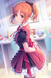  abe_nana black_thighhighs blurry blush cellphone chair cosmetics cowboy_shot depth_of_field dress dressing_room female frilled_dress frills hair_ribbon highres holding holding_ribbon idolmaster idolmaster_cinderella_girls kagami_(galgamesion) layered_dress looking_away looking_back mirror neck_ribbon orange_hair parted_bangs patterned_clothing phone pinafore_dress ponytail puffy_short_sleeves puffy_sleeves revision ribbon ribbon_trim short_sleeves sleeveless sleeveless_dress smile solo thighhighs zettai_ryouiki 