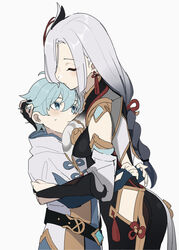  1boy age_difference aunt_and_nephew bad_id bad_pixiv_id blue_eyes blue_hair blush bodysuit braid breasts chongyun_(genshin_impact) closed_eyes female genshin_impact hair_ornament highres hug jacket long_hair low-braided_long_hair low-tied_long_hair medium_breasts motherly onee-shota shenhe_(genshin_impact) shimanakao_(shimanaka_sushi) simple_background straight sweatdrop tall_female white_background white_hair 