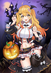  :d absurdres ahoge bad_id bad_pixiv_id bare_shoulders bat_(animal) bat_brooch bat_wings black_footwear black_skirt black_sleeves black_thighhighs blonde_hair blush bodice breasts brooch center_frills collared_shirt corset cross-laced_clothes detached_sleeves double-parted_bangs female frilled_sailor_collar frilled_shirt frilled_skirt frilled_sleeves frills garter_straps gothic_lolita hair_ornament hairclip halloween halloween_bucket head_wings heart heart_hair_ornament highres hololive jewelry jiu_fanglianhua knee_up large_breasts layered_skirt loafers lolita_fashion long_hair looking_at_viewer lowleg lowleg_skirt microskirt midriff nail_polish narrow_waist navel oerba_yun_fang official_alternate_costume official_alternate_hair_length official_alternate_hairstyle open_mouth overskirt pink_nails pinstripe_legwear pinstripe_pattern purple_background sailor_collar shirt shoes showgirl_skirt single_garter_strap skin_fang skirt sleeveless sleeveless_shirt smile solo striped suspender_skirt suspenders thighhighs two_side_up underbust vampire virtual_youtuber white_shirt white_skirt wide_hips wide_sleeves wings yellow_eyes yozora_mel yozora_mel_(5th_costume) 