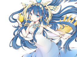  bad_id bad_pixiv_id bare_shoulders blue_eyes blue_hair breasts cleavage commentary_request dress egg female gold_egg_(p&amp;d) hair_tubes headdress holding isis_(p&amp;d) long_hair looking_at_viewer medium_breasts mo_(k40633) puzzle_&amp;_dragons smile solo white_dress 