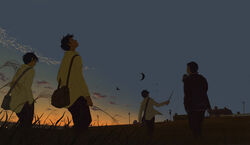  4boys bag can cloud commentary_request dusk field from_behind from_ground glasses goke_shike_(altamira05) grass house jacket letterman_jacket looking_up male_focus multiple_boys original outdoors power_lines scenery school_uniform short_hair sky transformer uniform utility_pole 