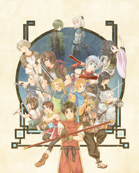  4girls 6+boys absurdres apron armor bandana black_hair blonde_hair blue_eyes bracelet braid brown_eyes brown_hair chris_lightfellow commentary_request dual_wielding eyepatch french_braid freyjadour_falenas gauntlets geddoe_(suikoden) gensou_suikoden gensou_suikoden_i gensou_suikoden_ii gensou_suikoden_iii gensou_suikoden_iv gensou_suikoden_v gloves gremio_(suikoden) hair_ornament half_updo headband highres holding hugo_(suikoden_iii) in-franchise_crossover jewelry jowy_atreides-blight knife ladle lazlo_(suikoden) leggings luc_(suikoden) lyon_(suikoden) ma_na_roo multiple_boys multiple_girls nanami_(suikoden) purple_eyes riou_(suikoden) sarah_(suikoden_iii) short_hair silver_hair snowe_vingerhut staff sword ted_(suikoden) three_section_staff tir_mcdohl tonfa weapon 