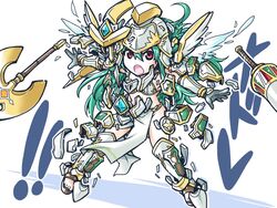  armor athena_(p&amp;d) axe bikini_armor commentary_request cosplay female green_hair gundam gundam_00 gundam_nadleeh gundam_virtue helmet ishiyumi lance long_hair navel open_mouth parody pelvic_curtain polearm puzzle_&amp;_dragons red_eyes sandals solo translated verche_(p&amp;d) verche_(p&amp;d)_(cosplay) weapon wings 