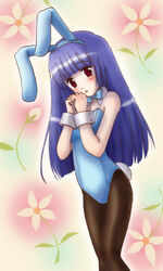  animal_ears blue_hair brown_eyes commentary_request female highres long_hair mizukurage_(mamenyan) original pantyhose photoshop_(medium) playboy_bunny rabbit_ears solo 