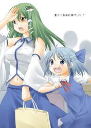  2girls bag blue_eyes blue_hair blush bow cirno commentary_request detached_sleeves frog green_eyes green_hair hairbow kochiya_sanae long_hair mashima_(sumachi) multiple_girls open_mouth short_hair snake touhou translated 