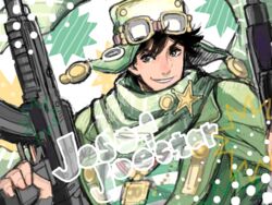  1boy assault_rifle bad_drawr_id bad_id beanie black_eyes black_hair bomber_hat character_name dual_wielding fur_hat goggles goggles_on_head grin gun hat holding ishiima_shiro jojo_no_kimyou_na_bouken joseph_joestar joseph_joestar_(young) male_focus oekaki official_alternate_costume rifle scarf smile solo ushanka weapon 