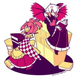  2girls abstract_cactus apron bad_id bad_pixiv_id book bookshelf head_wings japanese_clothes looking_at_another motoori_kosuzu multicolored_hair multiple_girls open_book red_eyes red_hair red_wings single_head_wing sitting smile tokiko_(touhou) touhou twintails two-tone_hair two_side_up wide_sleeves wings 