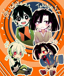  2boys black_hair chibi chocho_(homelessfox) commentary_request enomoto_takane female headphones kagerou_project kokonose_haruka konoha_(kagerou_project) long_hair mole mole_under_eye multiple_boys photoshop_(medium) red_eyes school_uniform short_hair twintails white_hair yuukei_yesterday_(vocaloid) 