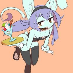  artist_request bunnysuit fake_animal_ears feline furry handband ice_cream long_hair purple_hair yellow_eyes 