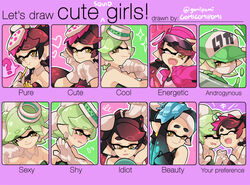  2girls ? artist_name bare_shoulders baseball_cap black_hair blush blush_stickers callie_(splatoon) chart closed_eyes commentary cousins earrings eating english_commentary english_text expression_chart expressions eyewear_on_head food french_fries gloves gomipomi green_hair hair_ornament hand_fan happy hat holding_hands inkling interlocked_fingers jewelry let&#039;s_draw_pretty_girls_challenge looking_at_viewer marie_(splatoon) mask mirror mole mole_under_eye multiple_drawing_challenge multiple_girls one_eye_closed open_mouth photoshop_(medium) pointy_ears shy smile splatoon_(series) splatoon_1 sweatdrop tears tentacle text_focus thick_eyebrows thought_bubble white_gloves yellow_eyes 