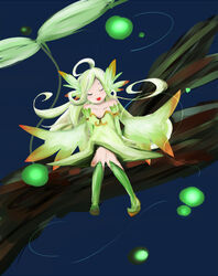  ahoge bare_shoulders blonde_hair blush boots branch closed_eyes collarbone commentary_request fairy female green_hair long_hair mini_person minigirl mon-musu_quest! ono2532 parted_bangs sidelocks sitting skirt smile solo sylph_(mon-musu_quest!) wind 