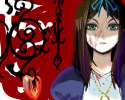  alice_liddell_(american_mcgee&#039;s_alice) american_mcgee&#039;s_alice blood commentary_request ein_(long_cake) female green_eyes heart jewelry necklace solo 