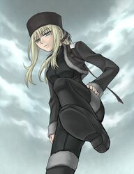  blonde_hair cloud commentary_request coon_hat cropped_jacket darker_than_black day female from_below fur_hat green_eyes hand_on_own_hip hat leg_up solo tanya_(darker_than_black) toryi 