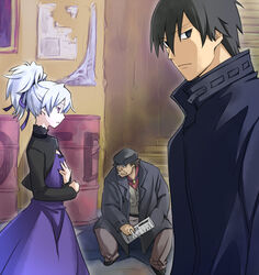  2boys black_hair blue_eyes bow brown_hair cigarette coat commentary_request darker_than_black dress drum_(container) female hair_ribbon hand_in_pocket hat hei_(darker_than_black) huang_(darker_than_black) matsuike mouth_hold multiple_boys newspaper ponytail profile purple_dress purple_eyes ribbon sitting stairs white_hair yin_(darker_than_black) 