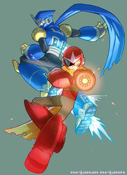  2boys aiming aiming_at_viewer android arm_cannon armor blue_scarf commentary_request copyright_name full_body male_focus mega_man_(classic) mega_man_(series) mega_man_3 mega_man_megamix miyako_nagi multiple_boys ninja proto_man robot scarf shadow_man_(mega_man) shuriken sunglasses weapon yellow_scarf 