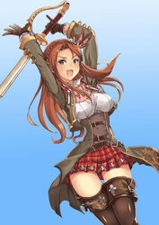  :d absurdres belt blue_eyes boots braid breasts brown_hair carren_(granblue_fantasy) cleavage commentary_request crown_braid feather_hair_ornament feathers female gloves granblue_fantasy hair_ornament highres large_breasts long_hair looking_at_viewer miniskirt open_mouth photoshop_(medium) plaid plaid_skirt pm_tii_(matuko1024) skirt smile solo sword thigh_boots thighhighs underbust v-shaped_eyebrows weapon 